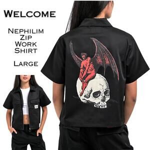 Welcome Nephilim Skateboards Twill Work Shirt Womens Large Black Zip Skull Goth